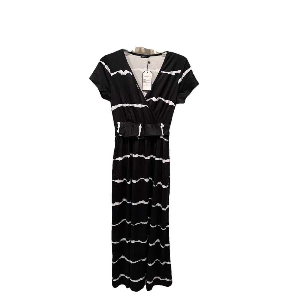 NWT Anrilita Black White Maxi Dress S V Neck Surplice Empire Waist Stretch